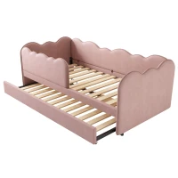 Upholstered Daybed with Pull-Out Trundle, Iron Frame and 2 U‑Shaped Bars, Bed Frame with Thick Foam Backrest, 197L x 99W x 70H cm, Pink(m-9)