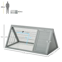 PawHut Clapier triunghiular dublu pentru iepuri cu țarc exterior și căsuță, lemn brad, gri — 116 x 62,2 x 52,5 cm(m-3)