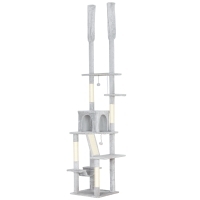 PawHut Árvore Arranhador para Gatos para Fixar ao Teto Altura Ajustável 225-255 cm com Casa e Hamaque 48x48x255 cm Cinza Claro