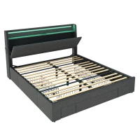 4ft6 Double Upholstered Bed with 3 Drawers, Charging Station, Sturdy Headboard with App-controlled RGB LED, 213L x 142W x 106H cm, Grey(m-2)