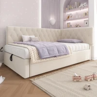 Daybed Upholstered Single Sofa Bed with Hydraulic Ottoman Storage, Bed Frame with Reversible Headboard, 196L x 100W x 77H cm, Beige(m-9)