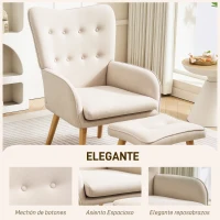 HOMCOM Sillón con Reposapiés Sillón Lectura con Respaldo Alto Capitoné Patas de Madera y Tapizado en Lino Beige(m-6)