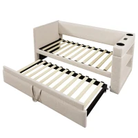 3ft Upholstered Daybed With Cup Holders, 3 USB and Type‑C Charging Ports, Single Sofa Bed for Compact Room, 207L x 98W x 74H cm, Beige(m-11)