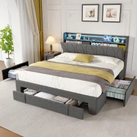 4ft6 Double Upholstered Bed with 3 Drawers, Charging Station, Sturdy Headboard with App-controlled RGB LED, 213L x 142W x 106H cm, Grey(m-1)