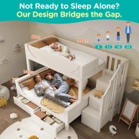 Children's Bunk Bed with Under-bed Pull-out Drawer, Ladder Cabinet Storage, Staircase Sleeper for Living Room, 246L x 141W x 150H cm, White(m-4)