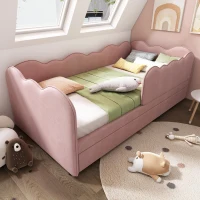 Upholstered Daybed with Pull-Out Trundle, Iron Frame and 2 U‑Shaped Bars, Bed Frame with Thick Foam Backrest, 197L x 99W x 70H cm, Pink(m-8)