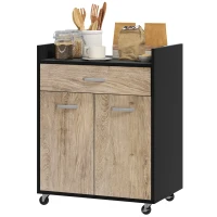 HOMCOM Carrinho de Cozinha com Rodas Gaveta e 2 Portas 60x40x77 cm Preto e Cor Madeira(m-7)