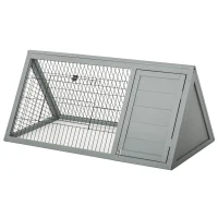 PawHut Clapier triunghiular dublu pentru iepuri cu țarc exterior și căsuță, lemn brad, gri — 116 x 62,2 x 52,5 cm(m-6)