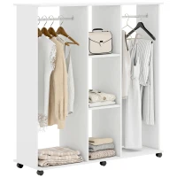HOMCOM Guarda-Roupa Aberto 2 Varões 3 Prateleiras com 6 Rodízios 120x40x128 cm Branco(m-6)