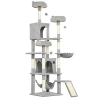 PawHut Albero Tiragraffi per Gatti con Scala, 2 Amache, 3 Posatoi, 2 Casette e 3 Piattaforme, 48x48x192 cm, Grigio e Crema(m-1)