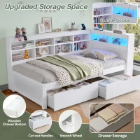 3ft Single Daybed with 2 Storage Drawers, Integrated Headboard Storage, Sturdy Wood Frame for Compact Room, 213L x 117W x 93H cm, White(m-5)