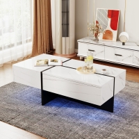 High-Gloss Coffee Table with App-Controlled Colour-Changing LED Lighting, Tea Table with 3 Drawers, 100L x 50W x 34.5H cm, Black+White