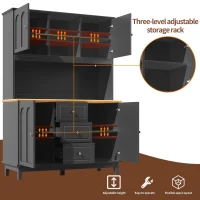 Tall Kitchen Sideboard Cabinet with App-Controlled Changing LED Lighting, Cupboard with Open Display Shelf, 120L x 40W x 180H cm, Black(m-5)