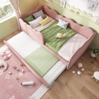 Upholstered Daybed with Pull-Out Trundle, Iron Frame and 2 U‑Shaped Bars, Bed Frame with Thick Foam Backrest, 197L x 99W x 70H cm, Pink