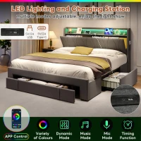 4ft6 Double Upholstered Bed with 3 Drawers, Charging Station, Sturdy Headboard with App-controlled RGB LED, 213L x 142W x 106H cm, Grey(m-4)