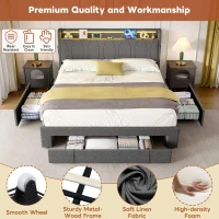 4ft6 Double Upholstered Bed with 3 Drawers, Charging Station, Sturdy Headboard with App-controlled RGB LED, 213L x 142W x 106H cm, Grey(m-5)