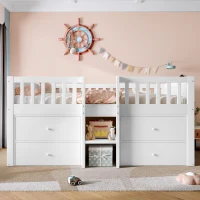 Low Loft Bed with 4 Drawers, Tiered Step Compartments, Elevated Sleeper with Full-Length Guardrail, Slatted Base, 215L x 95W x 81H cm, White(m-6)