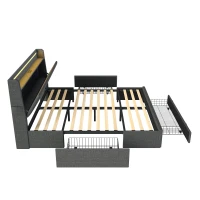 4ft6 Double Upholstered Bed with 3 Drawers, Charging Station, Sturdy Headboard with App-controlled RGB LED, 213L x 142W x 106H cm, Grey(m-10)