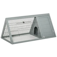 PawHut Clapier triunghiular dublu pentru iepuri cu țarc exterior și căsuță, lemn brad, gri — 116 x 62,2 x 52,5 cm(m-1)
