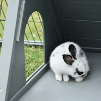 PawHut Clapier triunghiular dublu pentru iepuri cu țarc exterior și căsuță, lemn brad, gri — 116 x 62,2 x 52,5 cm(m-4)