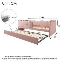 Upholstered Daybed with Pull-Out Trundle, Iron Frame and 2 U‑Shaped Bars, Bed Frame with Thick Foam Backrest, 197L x 99W x 70H cm, Pink(m-3)