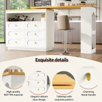 360° Rotating Bar Table with Rotating Side Table, Double-Layer Spice Rack, Extendable Kitchen Island with 6 Drawers, 137L x 39W x 90H cm, White(m-6)