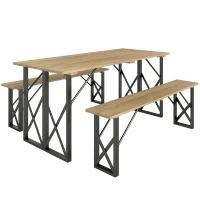 Outsunny Conjunto Mesa 160 cm + 2 Bancos para 4-6 Pessoas Furo para Guarda-Sol Castanho(m-1)