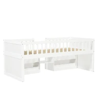 Low Loft Bed with 4 Drawers, Tiered Step Compartments, Elevated Sleeper with Full-Length Guardrail, Slatted Base, 215L x 95W x 81H cm, White(m-10)
