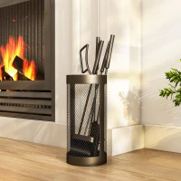 Outsunny Conjunto de Ferramentas para Lareira 5 Peças Vassoura Pá Pinça Ferro e Balde em Malha Metal Preto(m-2)