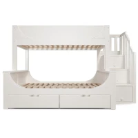 Children's Bunk Bed with Under-bed Pull-out Drawer, Ladder Cabinet Storage, Staircase Sleeper for Living Room, 246L x 141W x 150H cm, White(m-2)