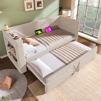 3ft Upholstered Daybed With Cup Holders, 3 USB and Type‑C Charging Ports, Single Sofa Bed for Compact Room, 207L x 98W x 74H cm, Beige