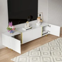 High-gloss TV Cabinet with 4 Soft-close Doors, Generous MDF Storage, Durable TV Stand for Elegant Living Room, 170L x 35W x 46H cm, White(m-5)
