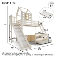 3-in-1 Cabin-style Bunk Bed with Slide and Storage Drawer, Solid Wood and MDF Frame, Durable Sleeper for Kids, 240L x 189W x 230H cm, White(m-3)
