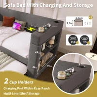 Upholstered Daybed with Pull-out Trundle and Built-in Cup Holders, Bed Frame with Armrests and Side Storage, 207L x 98W x 74H cm, Grey(m-4)
