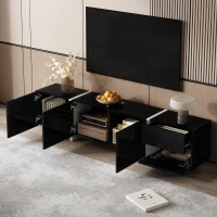 High-gloss Finish TV Cabinet with 3 Doors, 1 Drawer, Contrasting Base and Legs, TV Stand for Living Room, 170L x 29.5W x 40H cm, Black+White(m-1)