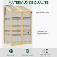 Outsunny Mini Serre de Jardin en Polycarbonate Cadre en Bois 3 étagères dim. 80L x 50l x 130H cm Double Porte Toit ouvrant Bois de Sapin lasuré Marron(m-4)