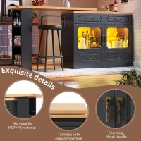 360° Rotating Bar Table with Rotatable Side and Spice Rack, Extendable Kitchen Island with 4 Drawers, 135-203L x 39W x 93H cm, Black(m-6)