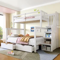 Children's Bunk Bed with Staircase, Drawer Storage, Slatted Base, Solid Wood Frame for Compact Room, 225L x 140W x 150H cm, White(m-1)