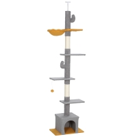 PawHut Árvore Arranhador para Gatos para Fixar ao Teto Altura Ajustável 230-275 cm com Plataformas Casa 55x34x275 cm Cinza Claro