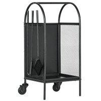 Outsunny Suporte para Lenha com Rodas e Kit de Acessórios (Pá Vassoura Atizador) 37,5x37,5x80 cm Preto