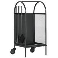 Outsunny Suporte para Lenha com Rodas e Kit de Acessórios (Pá Vassoura Atizador) 37,5x37,5x80 cm Preto(m-1)