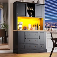 Tall Kitchen Cabinet with Open Middle Shelf and Five Drawers, Large Storage Cupboard for Dining Room, 115L x 40W x 180H cm, Black(m-7)