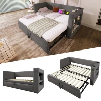 Upholstered Daybed with Pull-out Trundle and Built-in Cup Holders, Bed Frame with Armrests and Side Storage, 207L x 98W x 74H cm, Grey(m-5)