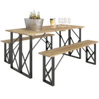 Outsunny Conjunto Mesa 160 cm + 2 Bancos para 4-6 Pessoas Furo para Guarda-Sol Castanho(m-6)