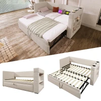 3ft Upholstered Daybed With Cup Holders, 3 USB and Type‑C Charging Ports, Single Sofa Bed for Compact Room, 207L x 98W x 74H cm, Beige(m-5)