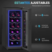 HOMCOM Vinoteca 12 Botellas con Doble Refrigeración Termoeléctrica Temperatura Ajustable 8-18℃ Puerta de Vidrio Negro(m-6)