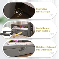Upholstered Daybed with Pull-out Trundle and Built-in Cup Holders, Bed Frame with Armrests and Side Storage, 207L x 98W x 74H cm, Grey(m-7)