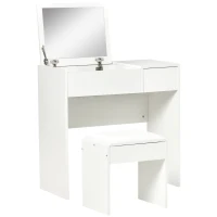 HOMCOM Tavolo da Trucco con Specchio Richiudibile, Tavolo da Trucco Moderno, con Sgabello, Vano Contenitore (4 Scomparti), MDF Bianco, 80x40x79 cm(m-1)