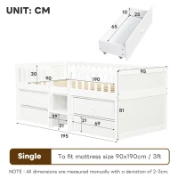 Low Loft Bed with 4 Drawers, Tiered Step Compartments, Elevated Sleeper with Full-Length Guardrail, Slatted Base, 215L x 95W x 81H cm, White(m-3)
