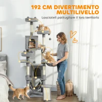 PawHut Albero Tiragraffi per Gatti con Scala, 2 Amache, 3 Posatoi, 2 Casette e 3 Piattaforme, 48x48x192 cm, Grigio e Crema(m-4)